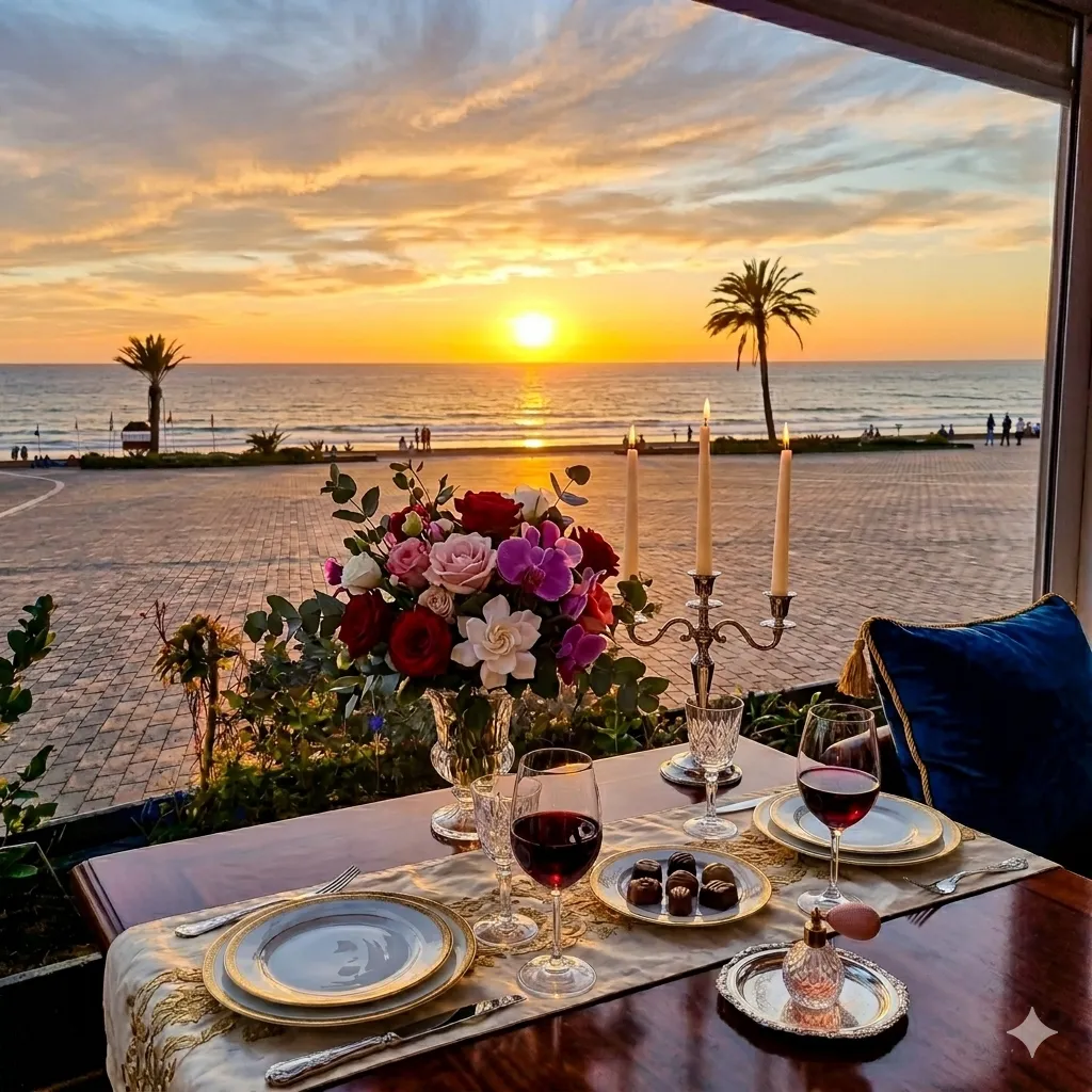 Table romantique face au coucher de soleil d'Agadir